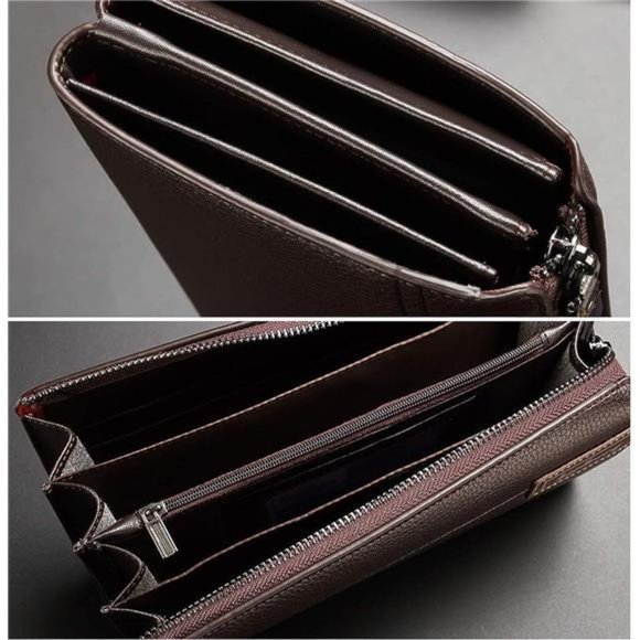 Mens Wallet Long Purse Leather Clutch Y-brown - Picture 4 of 6
